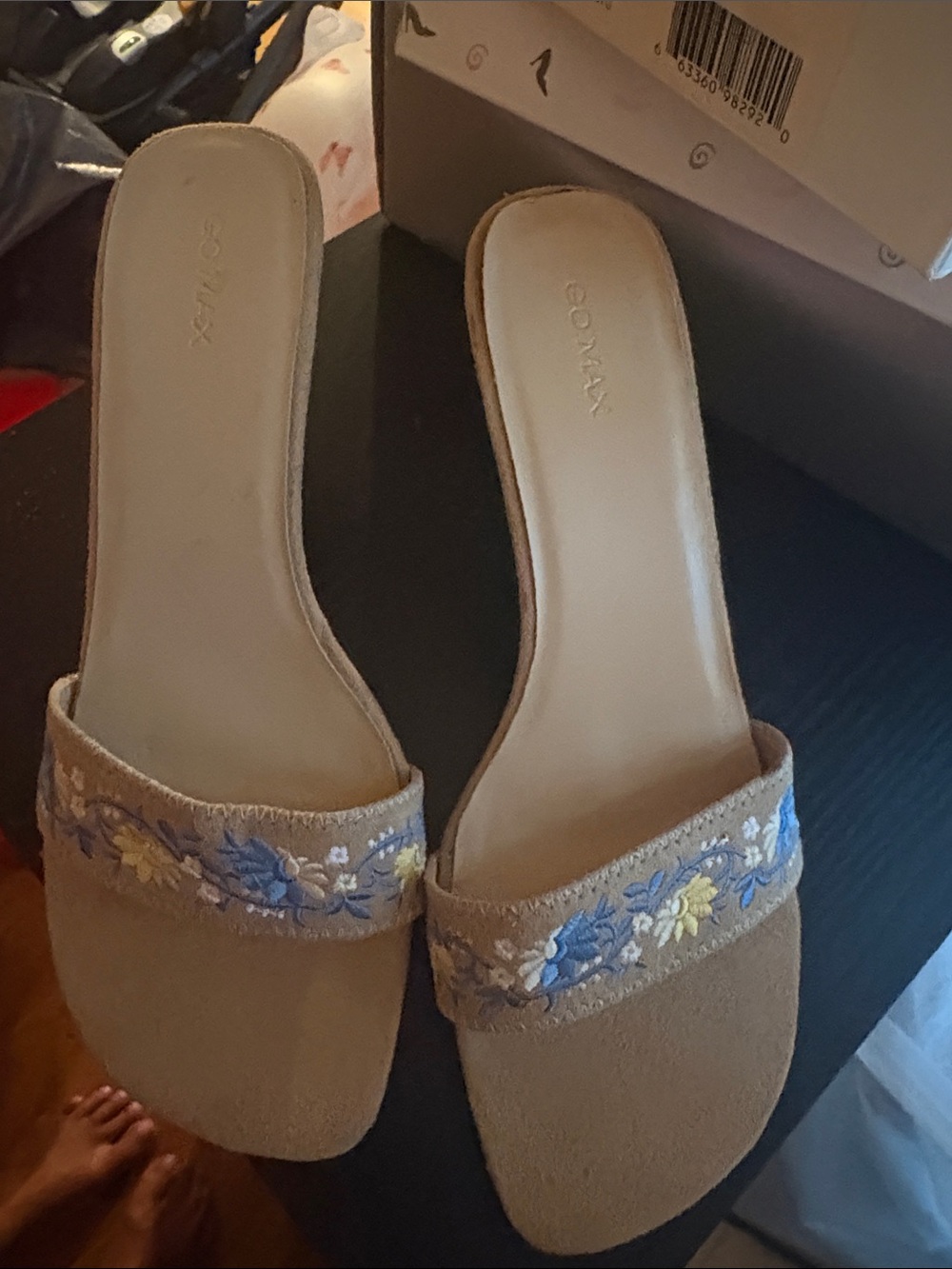 Gomax Beige Slide Mules with Blue & Yellow Floral Embroidery
